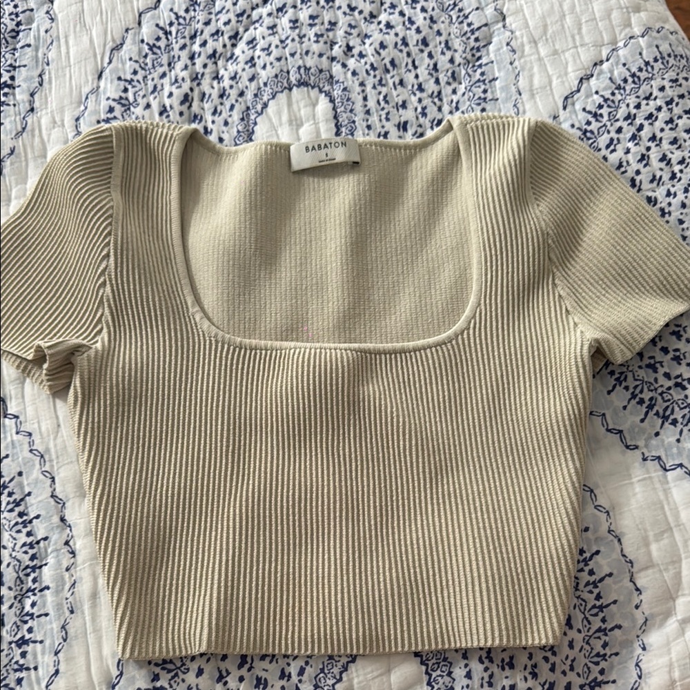 Babaton Beige Ribbed Fitted Crop Top